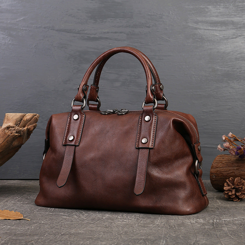 Women's Zipper Handbag First Layer Cowhide Adjustable Shoulder Bag Business Style Tote Bag Genuine Leather Women's Bag Retro Style