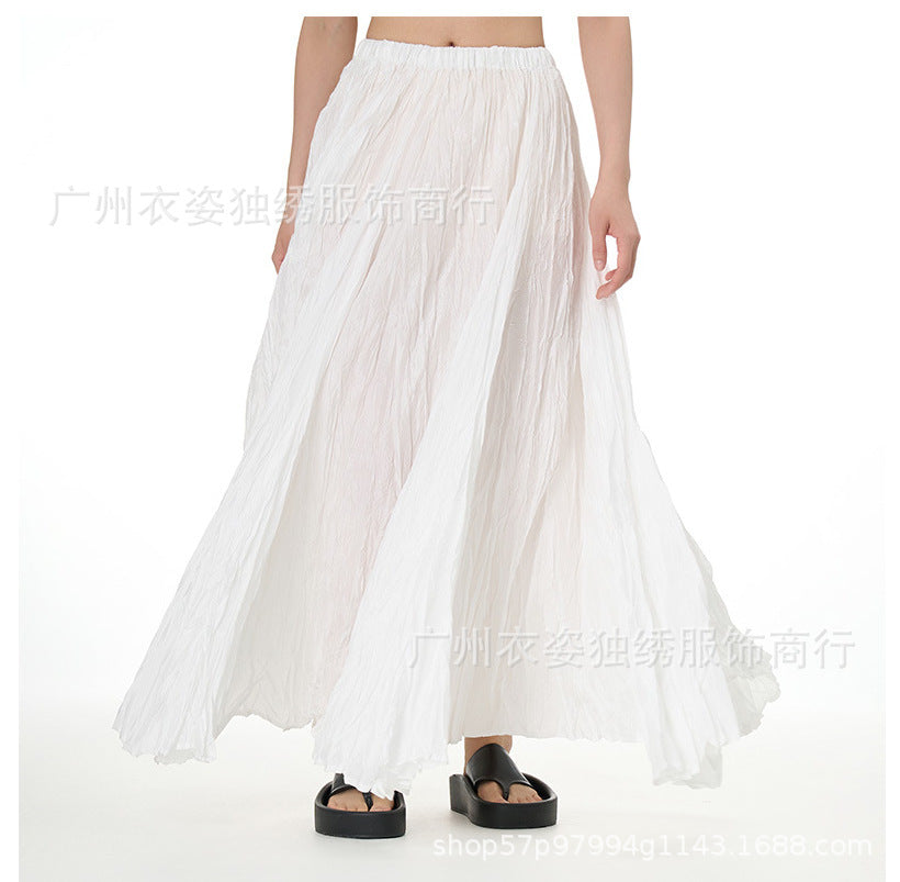 Amazon European and American Style Simple Crinkled Midi Skirt 2026 Summer New Fashion Brand Women's Clothing Trendy Versatile Oversized Flared Skirt
