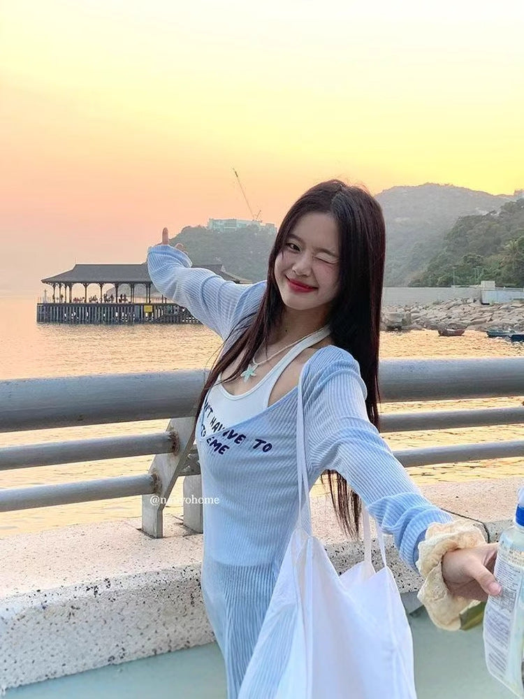 suit Sunscreen Slim Fit T-shirt Pure Desire Style Blouse Slimming Long Sleeve Sling Summer Vest Top Fashion Two-piece Set