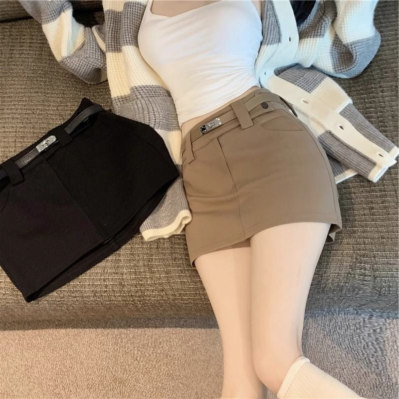 Khaki Tight Skirt for Women in Spring & Fall, Elastic Slimming Look High Waist Hip-Hugging Short Skirt for Small People, Versatile A-Line Skirt