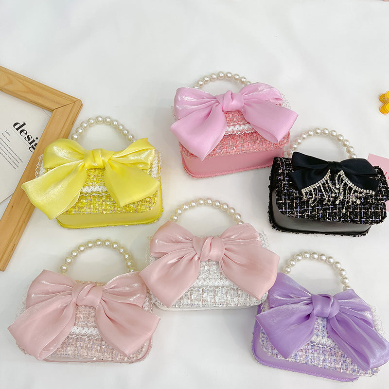New Korean Fashion Woolen Cotton Linen Women's Children's Bow Pearl Handbag Handbag Women's Bag