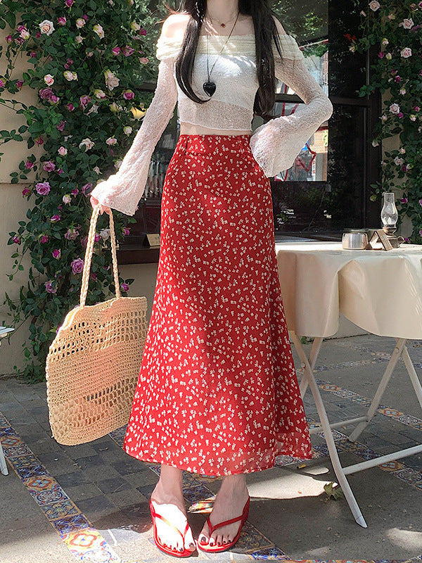Korean-Style Floral Chiffon High-Waisted Hip-Hugging Skirt for Women, 2025 Summer New Sweet and Elegant Casual Slimming Long Skirt