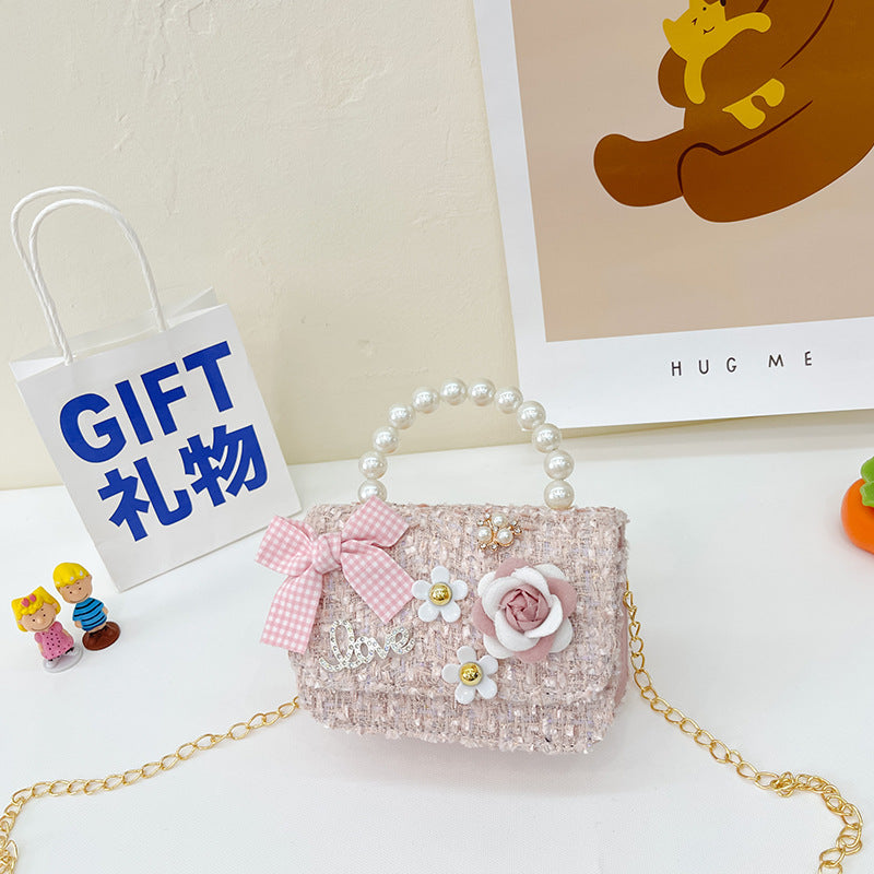 New Korean Fashion Woolen Cotton Linen Women's Children's Bow Pearl Handbag Handbag Women's Bag