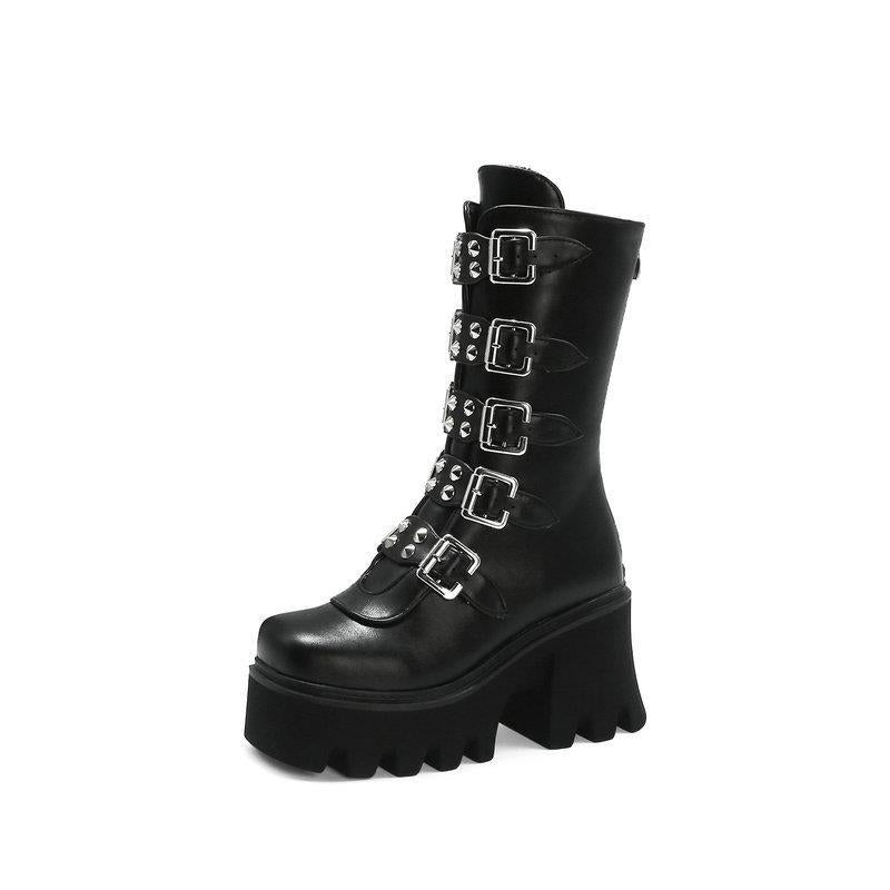 Martin Boots Women's High-heeled Motorcycle Boots Foreign Trade Autumn and Winter New Arrival Boots Thick-soled Short Boots Women's Punk Style Mid-heeled Boots