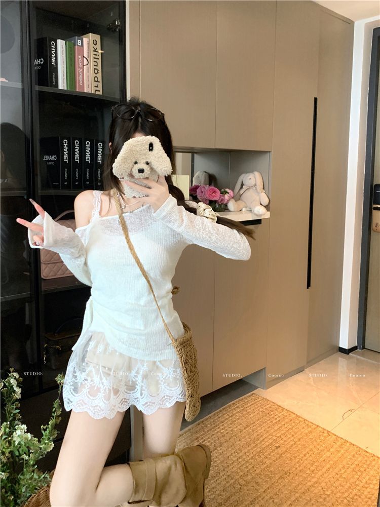 Light Green Off-Shoulder Long-Sleeved T-Shirt for Women Spring See-Through Thin Sun Protection Blouse Drawstring Slim Chic Versatile Top