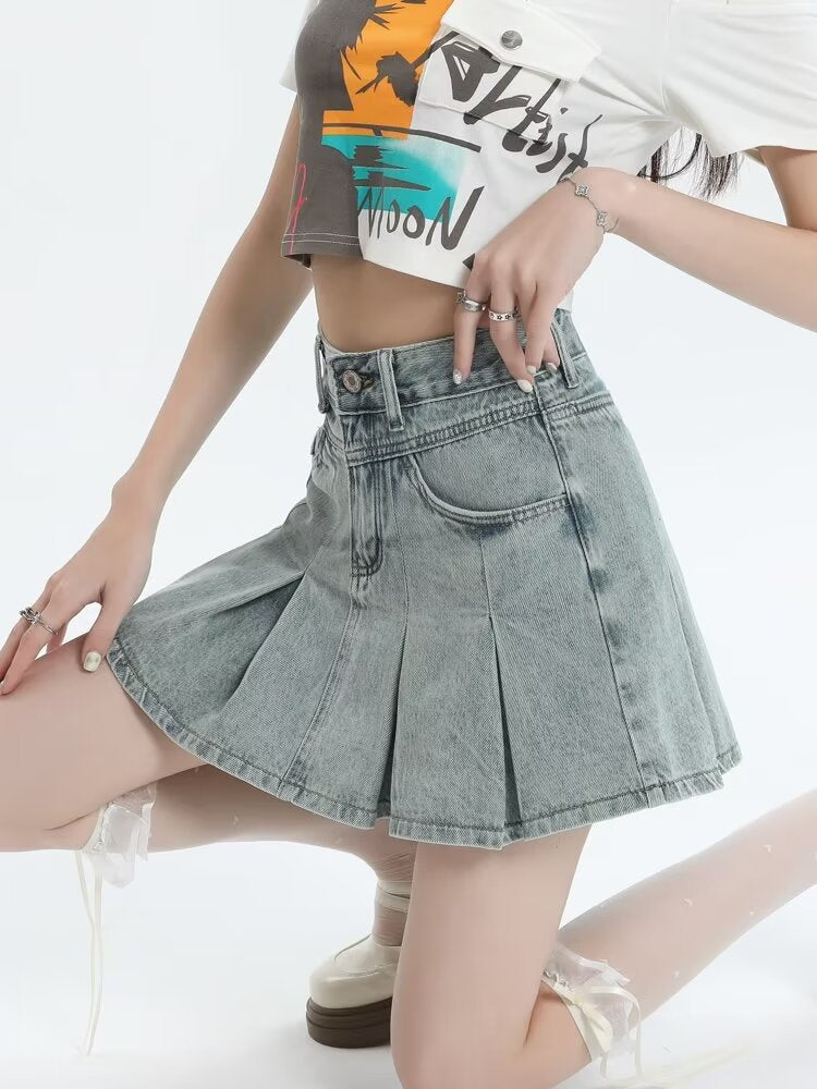 American Style Retro Denim Skirt Women's Summer New Style Small Design Sense A- Line Shorts Pleated Skirt Women's Skirt