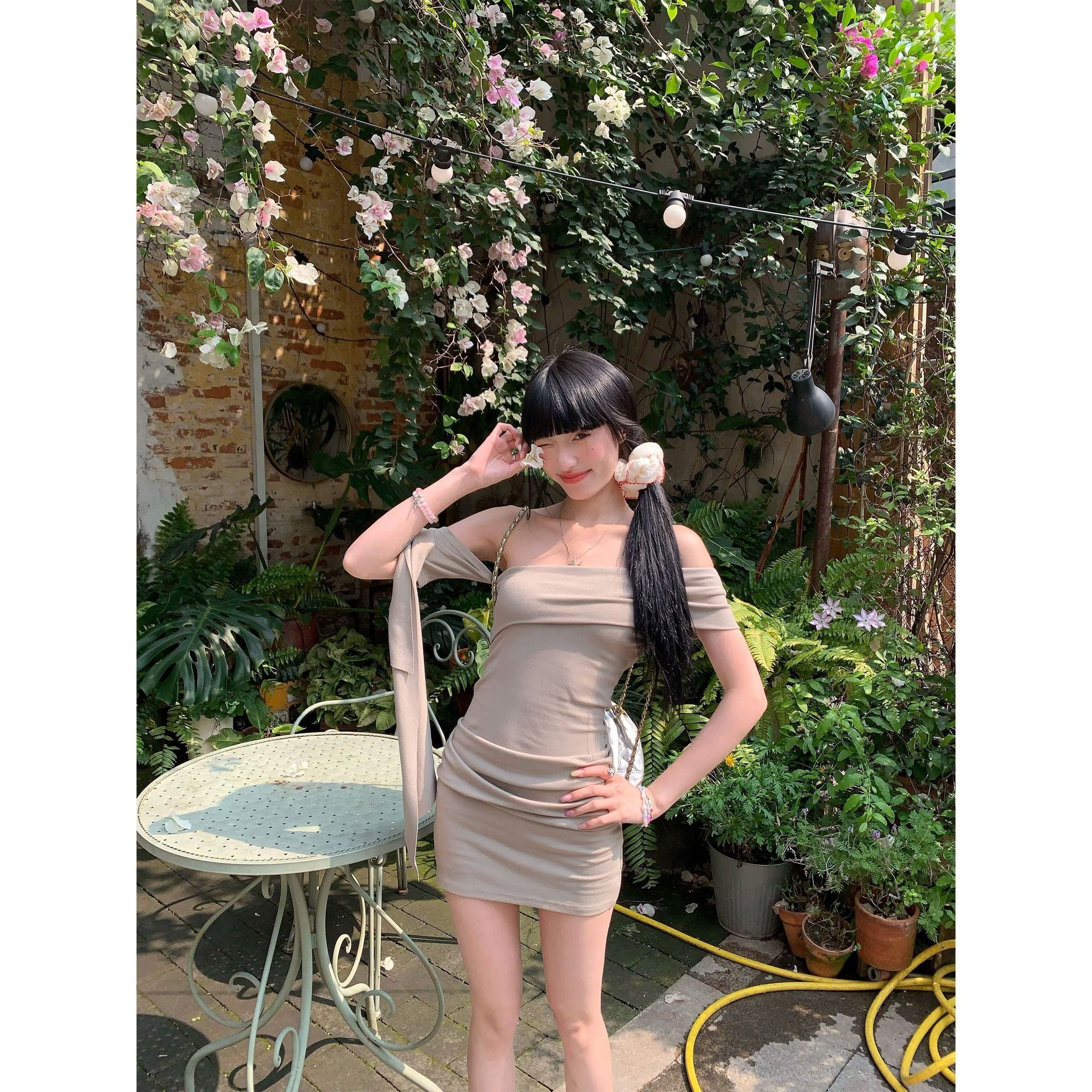 Black Off-Shoulder Ribbon Bodycon Mini Dress