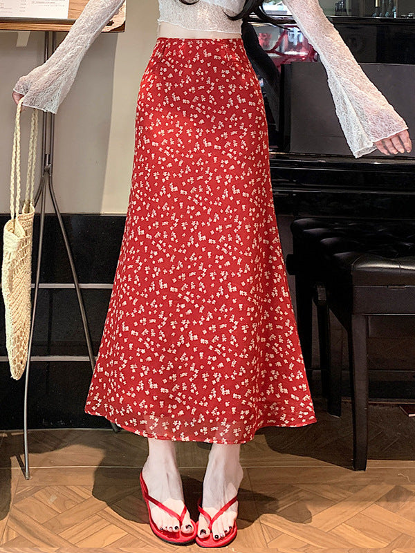 Korean-Style Floral Chiffon High-Waisted Hip-Hugging Skirt for Women, 2025 Summer New Sweet and Elegant Casual Slimming Long Skirt