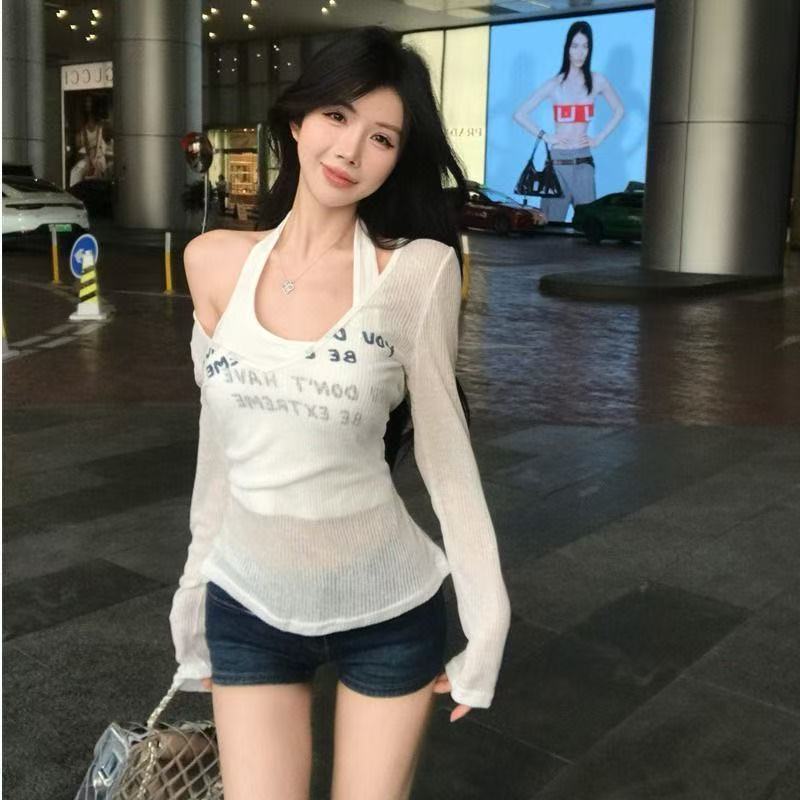 suit Sunscreen Slim Fit T-shirt Pure Desire Style Blouse Slimming Long Sleeve Sling Summer Vest Top Fashion Two-piece Set