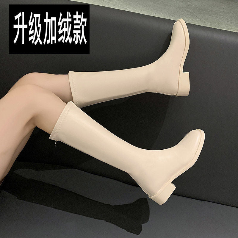 Long Boots for Women, Knight Boots, No More Than Knee-High Street Style Square-Toe Boots, Spring and Autumn New Style, Rear Zipper, Slimming High Boots for Women