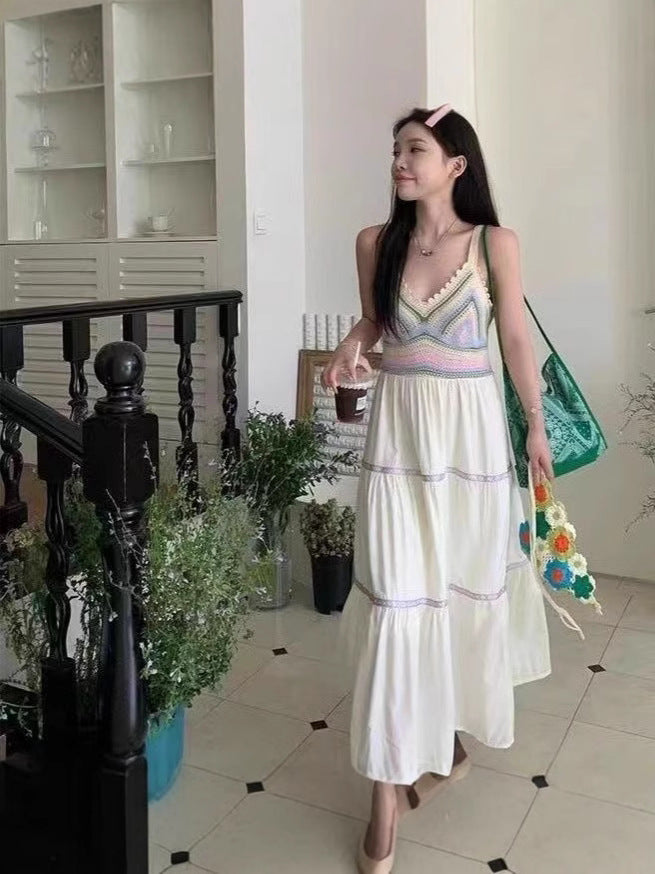 Summer women's national style sling hollow stitching dress new style sling skirt holiday style