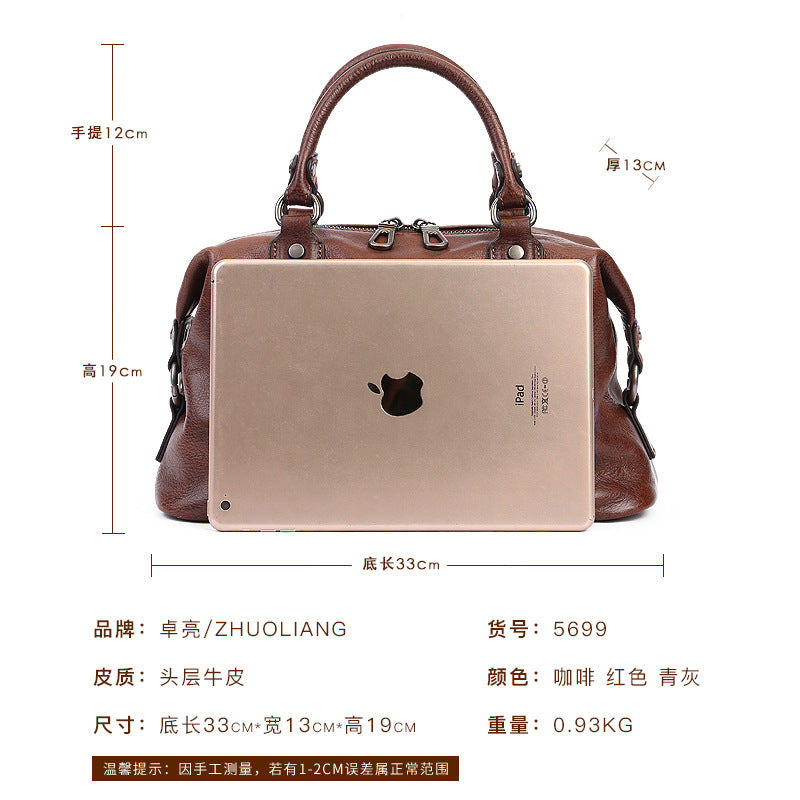 Women's Zipper Handbag First Layer Cowhide Adjustable Shoulder Bag Business Style Tote Bag Genuine Leather Women's Bag Retro Style