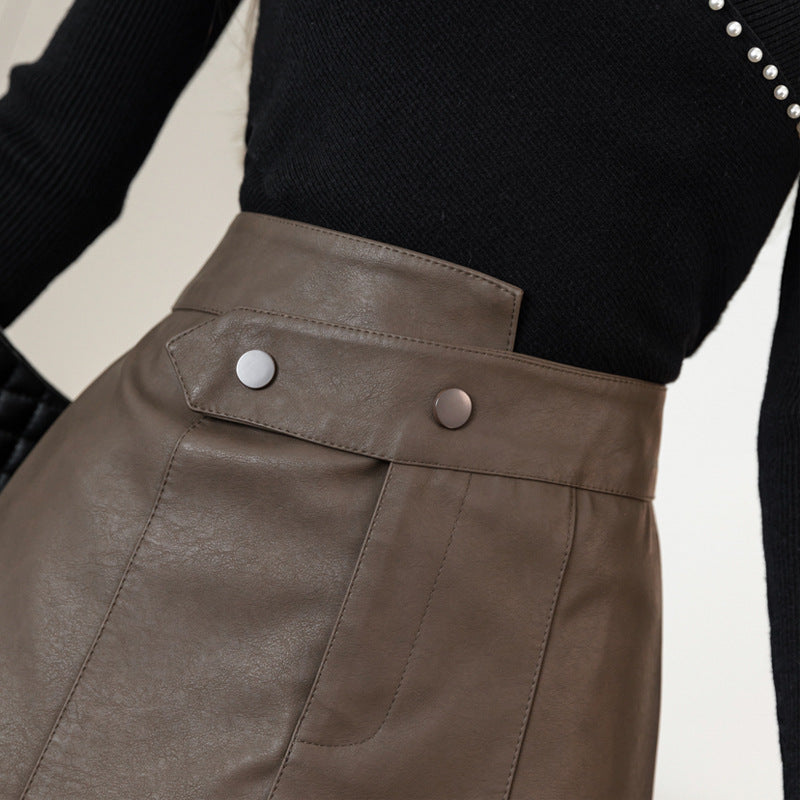 2023 Autumn and Winter New Asymmetric Slim Leather Thigh Covering Skirt Skirt Women's High Waist Skirt Skirt A- line Skirt