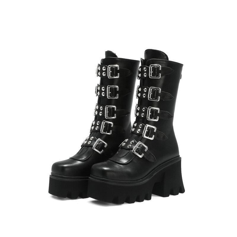Martin Boots Women's High-heeled Motorcycle Boots Foreign Trade Autumn and Winter New Arrival Boots Thick-soled Short Boots Women's Punk Style Mid-heeled Boots