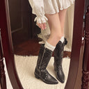 Retro Pointed Toe Thick Heel Western Cowboy Boots for Women 2025 New Side Zipper Rivet Embroider V-Mouth High Knight Boots