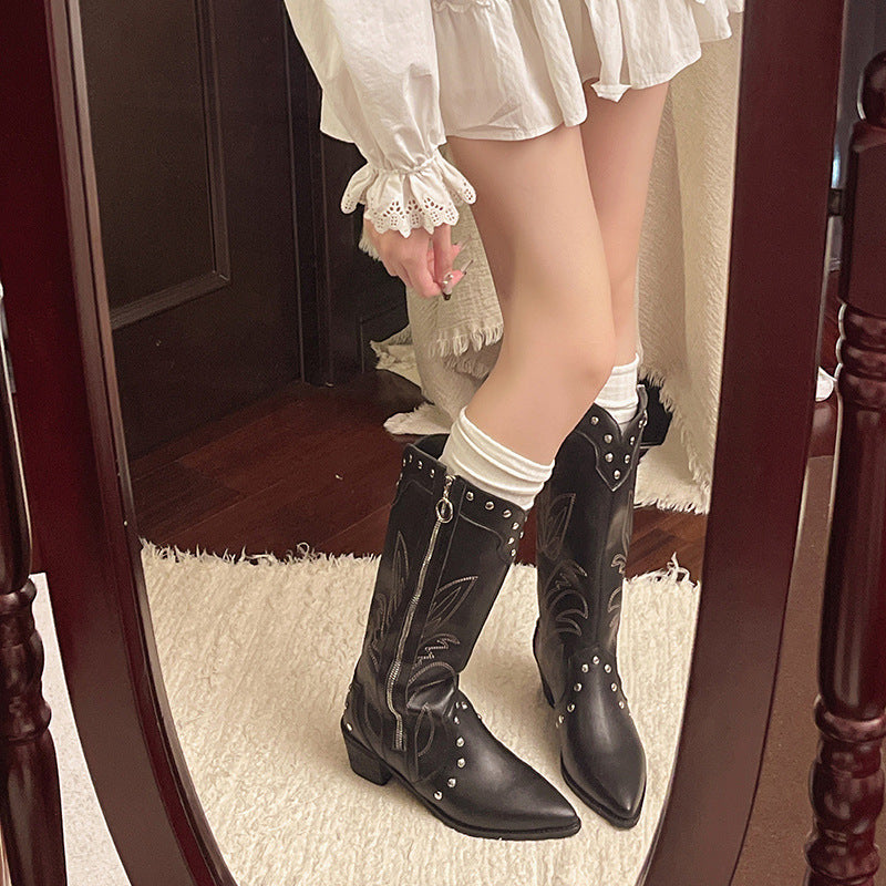 Retro Pointed Toe Thick Heel Western Cowboy Boots for Women 2025 New Side Zipper Rivet Embroider V-Mouth High Knight Boots