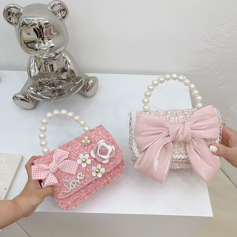 New Korean Fashion Woolen Cotton Linen Women's Children's Bow Pearl Handbag Handbag Women's Bag