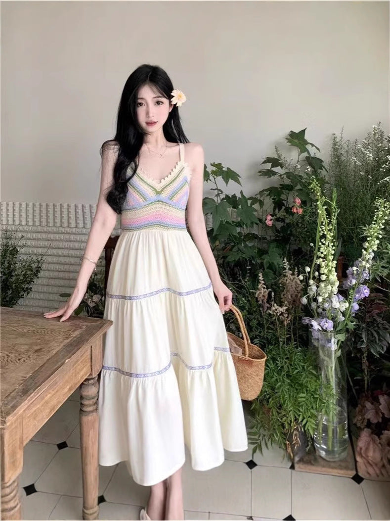 Summer women's national style sling hollow stitching dress new style sling skirt holiday style
