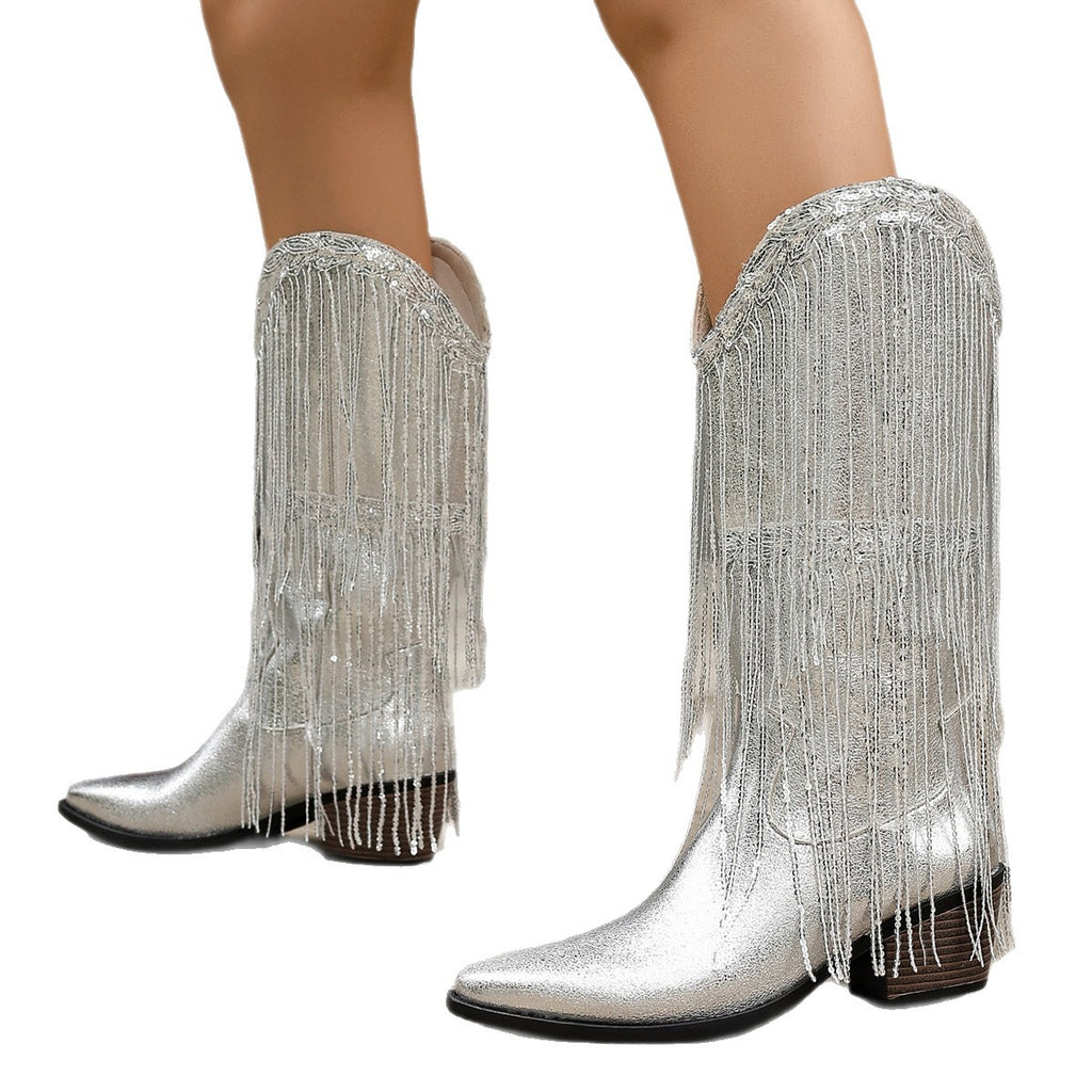 Women's Mid-Calf Boots Double-Layer Tassel Autumn and Winter Thick Heel High Heel Sleeve Western Cowboy Boots Women's Knight Boots Gold Silver Tip