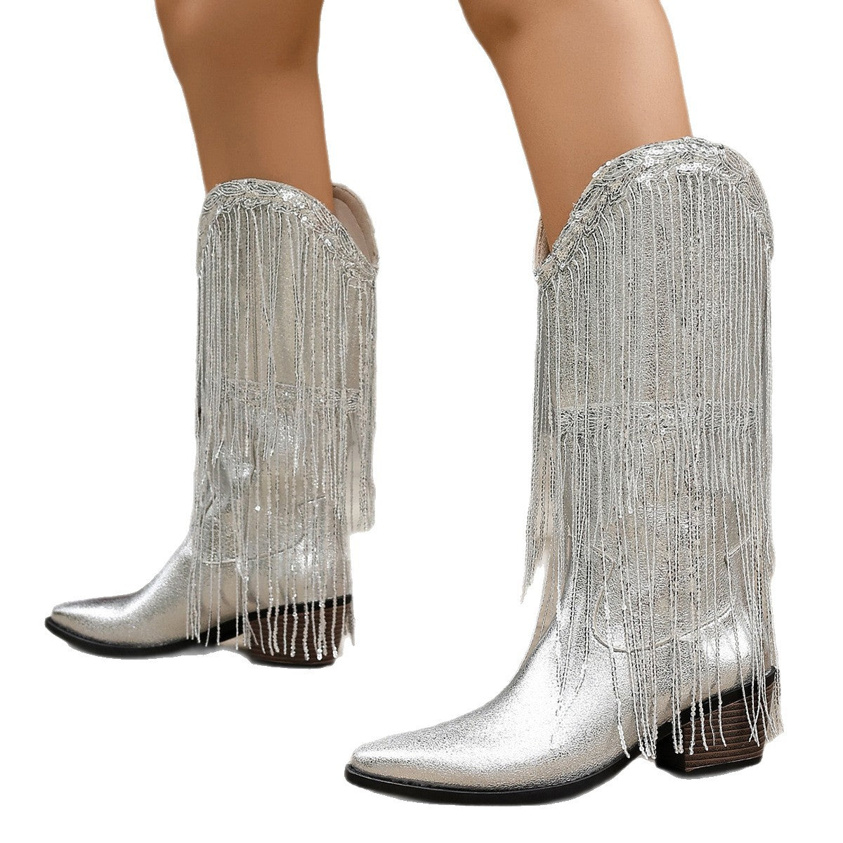 Women's Mid-Calf Boots Double-Layer Tassel Autumn and Winter Thick Heel High Heel Sleeve Western Cowboy Boots Women's Knight Boots Gold Silver Tip