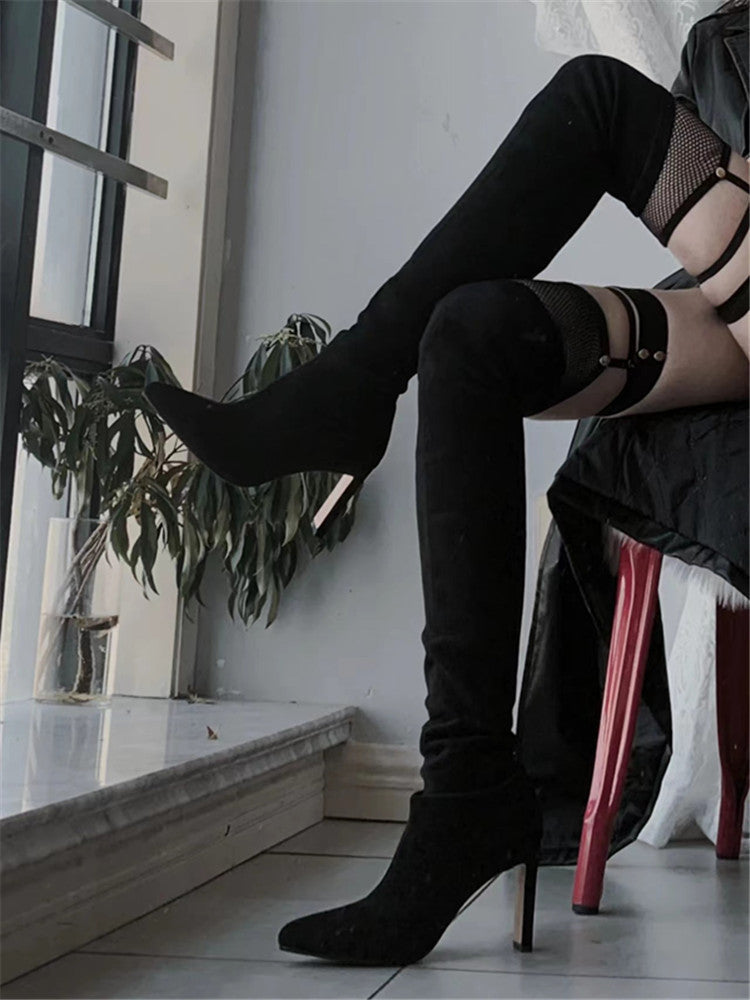 High-Heeled Over-The-Knee Boots for Women 2025 Autumn and Winter New Thick-Heeled Elastic Slim Boots High-Top Pointed Toe Slimming Boots