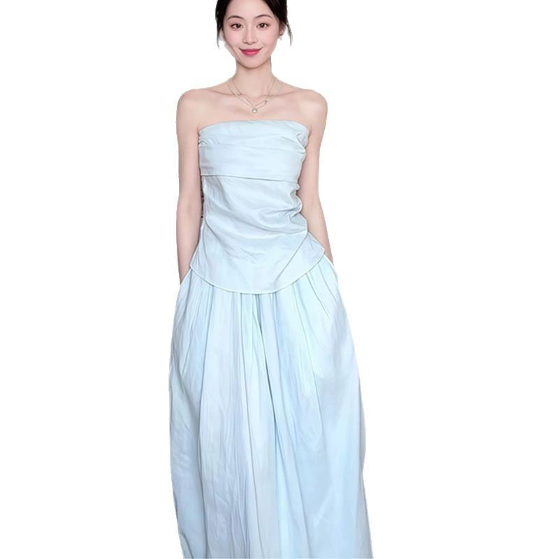 2025 Spring and Summer New Korean suit Shirt Strapless Top Skirt light blue
