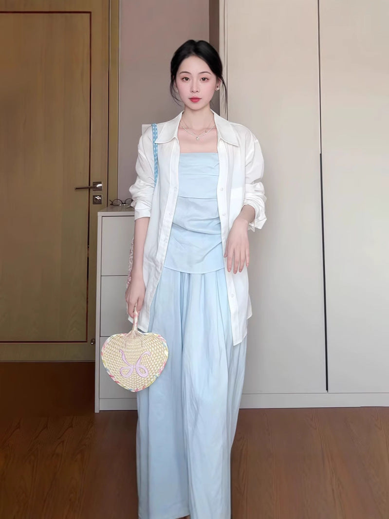 2025 Spring and Summer New Korean suit Shirt Strapless Top Skirt light blue