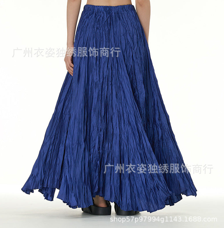 Amazon European and American Style Simple Crinkled Midi Skirt 2026 Summer New Fashion Brand Women's Clothing Trendy Versatile Oversized Flared Skirt