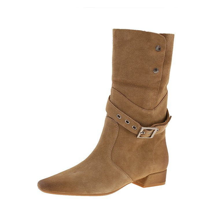 Retro Western Cowboy Boots Women's 2025 Autumn and Winter New Square Toe Slim Thick Heel Short Boots Belt Buckle Two-Wear Pile Boots