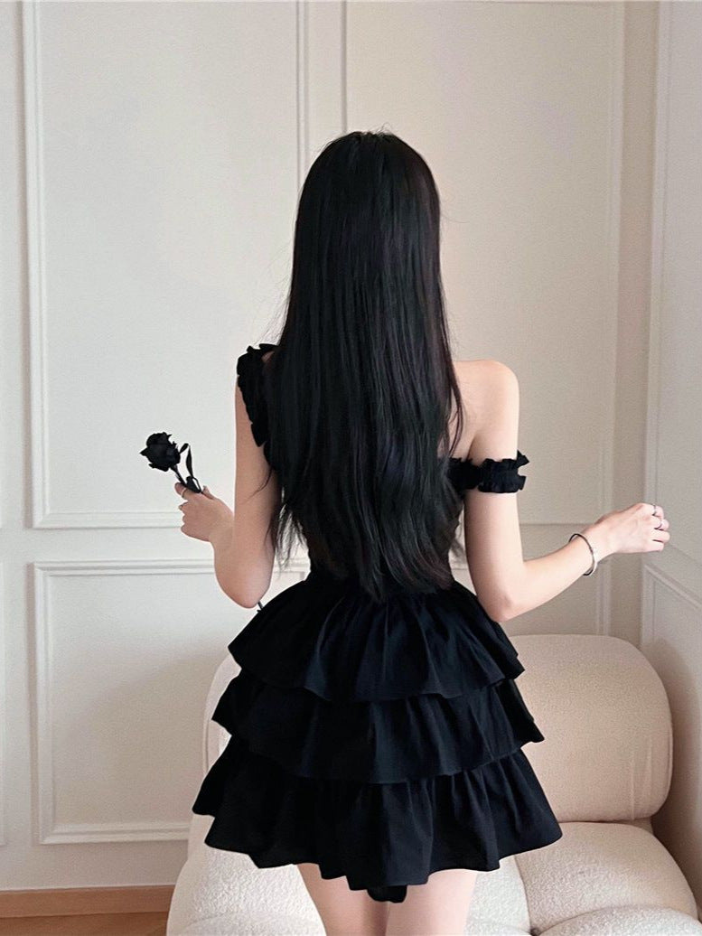 French Sweet and Spicy Black Dress, Chic and Beautiful Summer Dress with Discreet Design, Princess Suspender Puffy Skirt