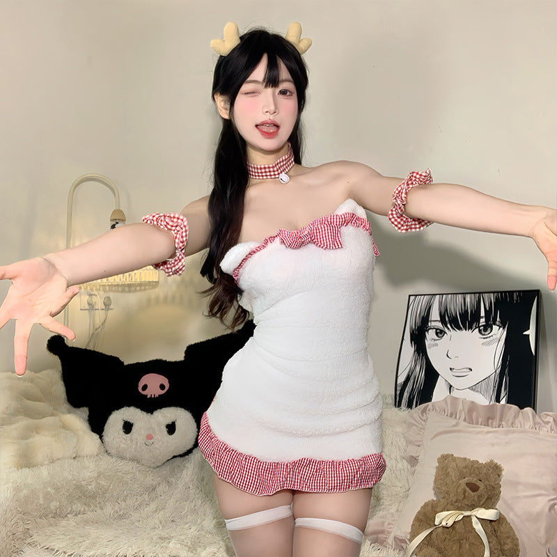 Sexy Pajamas Cute Bear Nightdress suit Plush Christmas Backless Maid Dress Temptation-Free Nightclub Hip Dress