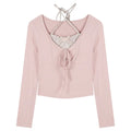 Pure Wind Sweet Spice Girl Fake Two-piece Long-sleeved T-shirt Women's Spring Neck-hanging Pink Slim-fit Sunscreen Short Chic Top