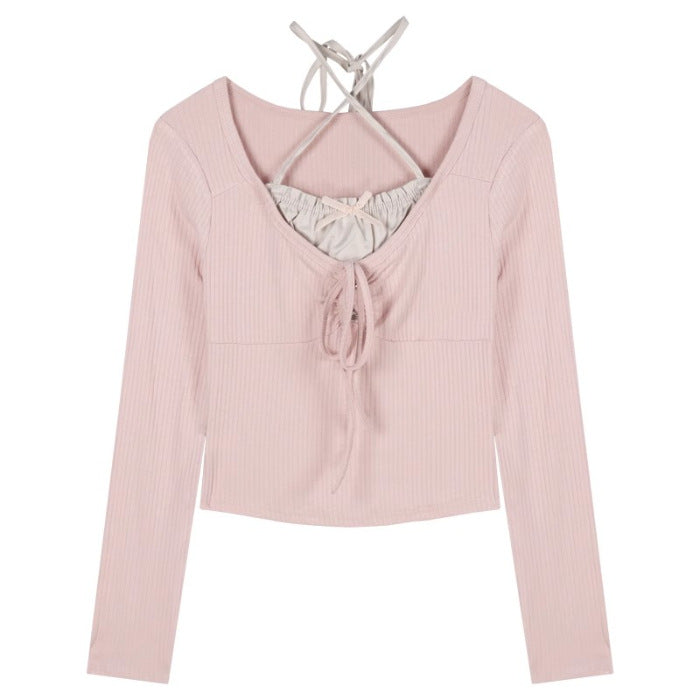 Pure Wind Sweet Spice Girl Fake Two-piece Long-sleeved T-shirt Women's Spring Neck-hanging Pink Slim-fit Sunscreen Short Chic Top