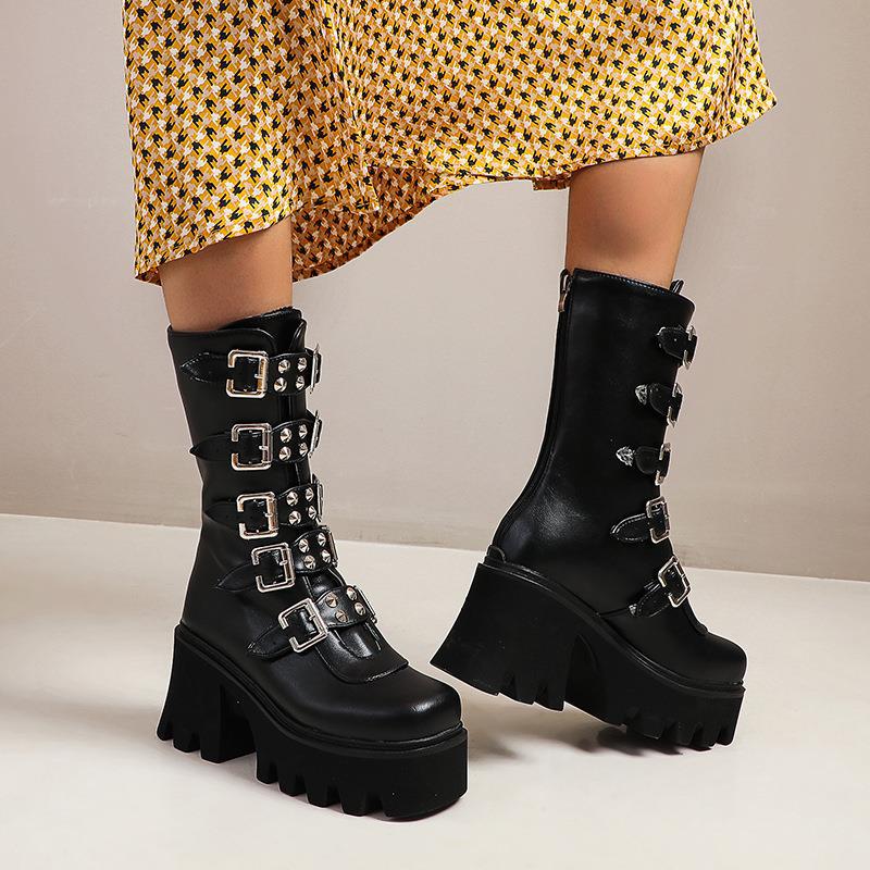 Martin Boots Women's High-heeled Motorcycle Boots Foreign Trade Autumn and Winter New Arrival Boots Thick-soled Short Boots Women's Punk Style Mid-heeled Boots