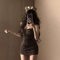 Short Skirt, Hip-Covering, Backless Leopard Print Dress for Women, Slim-Fitting Hot Girl Halterneck Suspender Belt, Autumn Short Skirt for Small People, Waist-Cinching