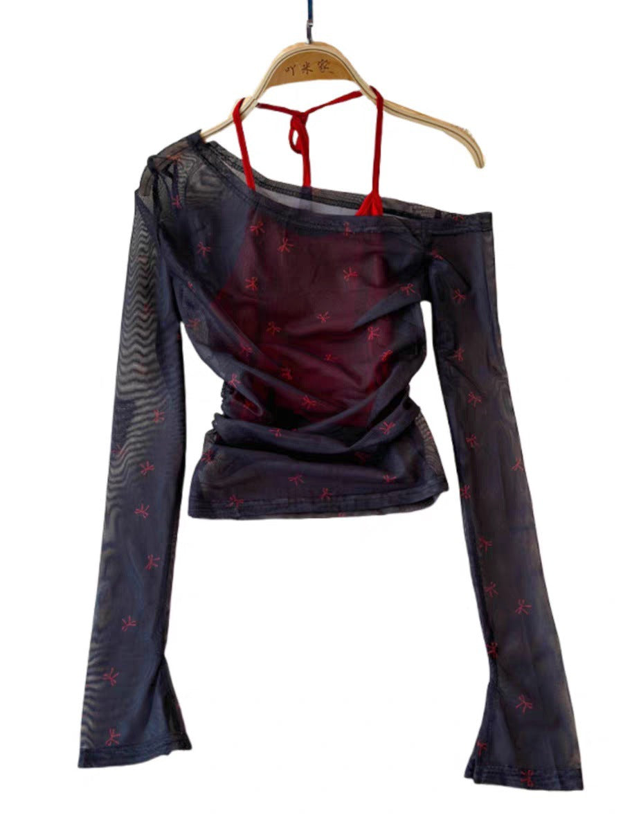 Fake Two-piece Bow Printed Shoulder Neck Long-sleeved T-shirt Thin Summer Sweet Spice Girl Blouse Design Top for Women