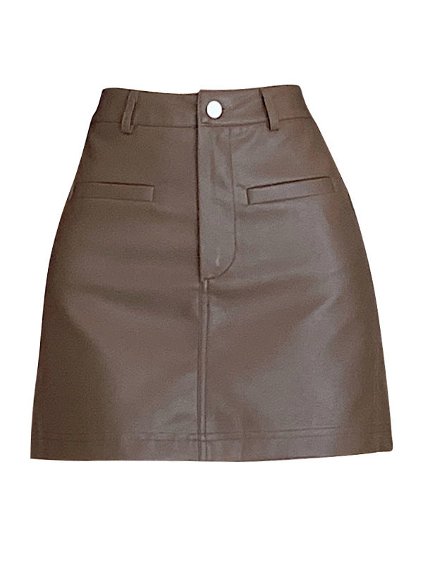 Petite Women's Spring and Autumn High-Waisted Slimming Versatile Bodycon Skirt, Pu Leather Skirt, Coffee-Colored Short Skirt, New A-Line Style