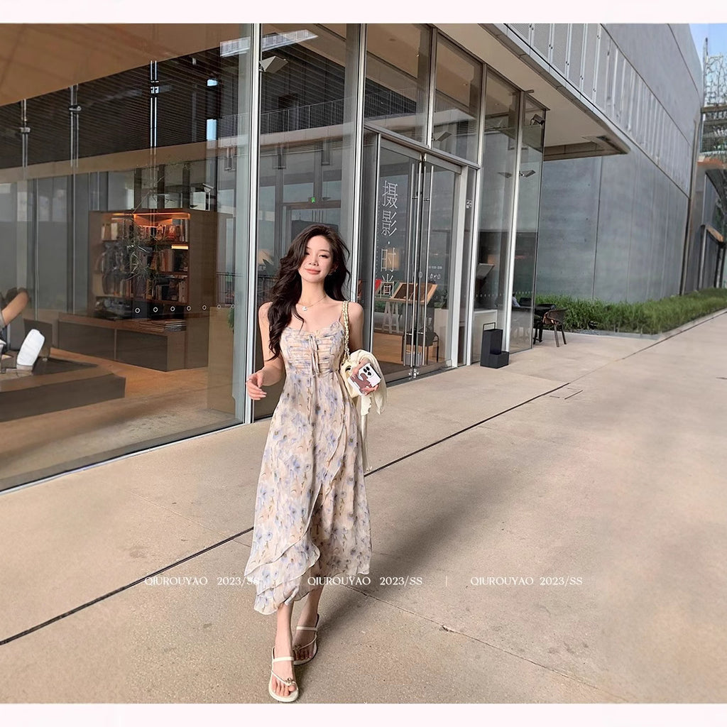 French Style Waisted Gentle Floral dress Women's Seaside Beach Vacation Fairy dress Elegant Pure Slip Dress