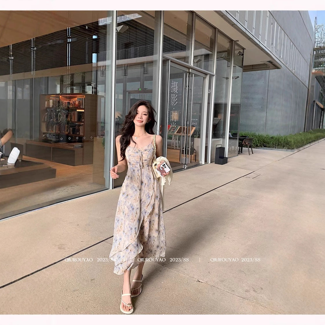 French Style Waisted Gentle Floral dress Women's Seaside Beach Vacation Fairy dress Elegant Pure Slip Dress