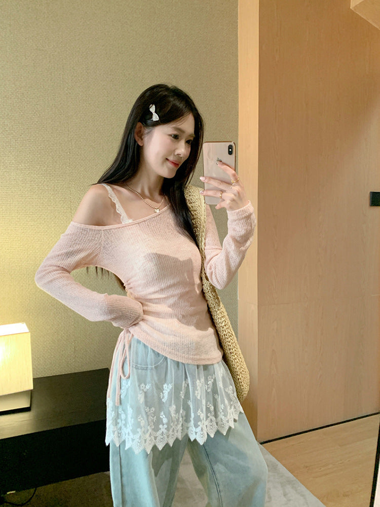 Summer Chic Korean Style Vacation Style Lace Camisole Shoulder-exposed Drawstring Thin Long-sleeved Sunscreen Blouse for suit Women