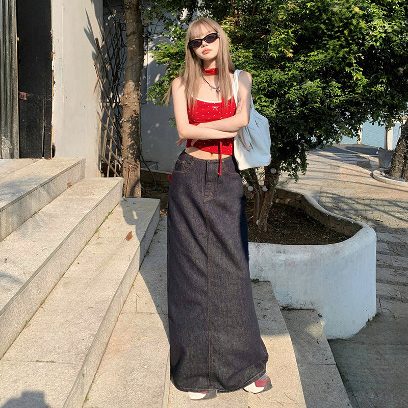 American Style Retro Hot Girl Loose Skirt Women's 2025 Summer New High Waist Draping All-match Split Denim Long Skirt