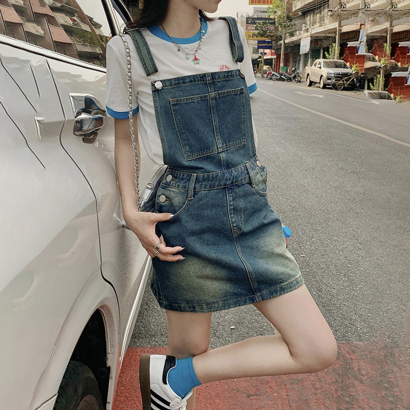 YC & American Retro Sweet Girl Strap Skirt A- line Skirt Slimming Joker dress Denim Skirt Spring and Summer