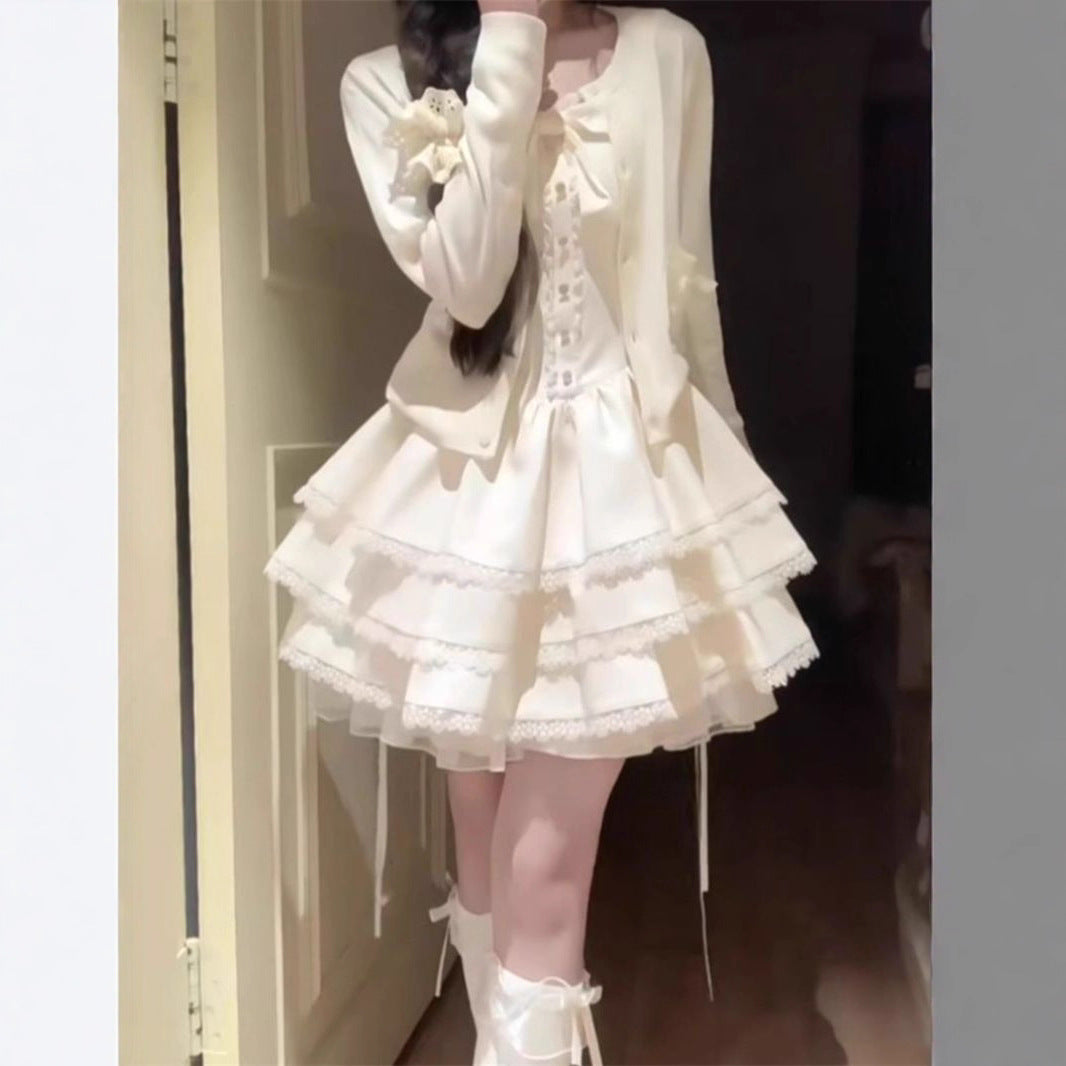 Early Spring Outfit for Petite Women: Pure and Desirable Style, High-End Cardigan Jacket, Puffy Cake Dress Two-Piece Set