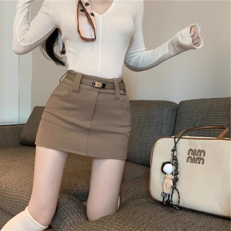 Khaki Tight Skirt for Women in Spring & Fall, Elastic Slimming Look High Waist Hip-Hugging Short Skirt for Small People, Versatile A-Line Skirt