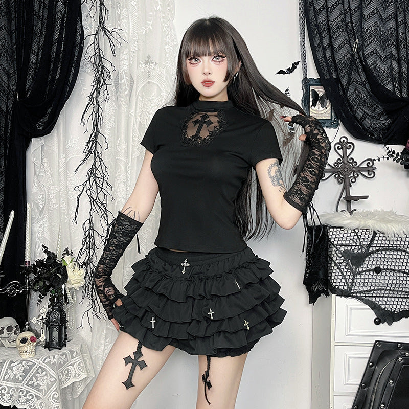 Original Fabric Original Recipe~Hot Girl Half Skirt Dark Cross Design Short Skirt Cake Skirt Tutu Skirt