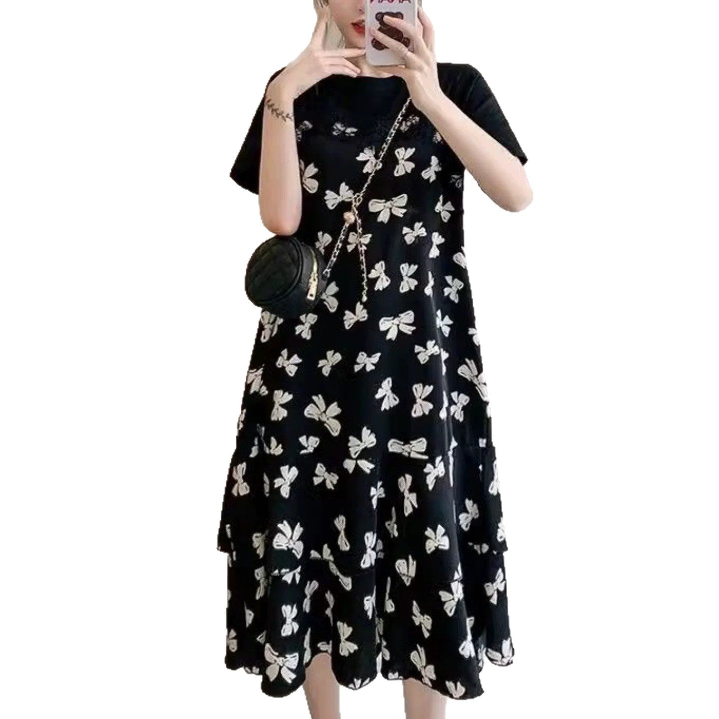 Fake Two-Piece Dress for Women 2026 Summer New French Floral Long Dress Loose Slimming Tea Break Dress Patchwork Dress