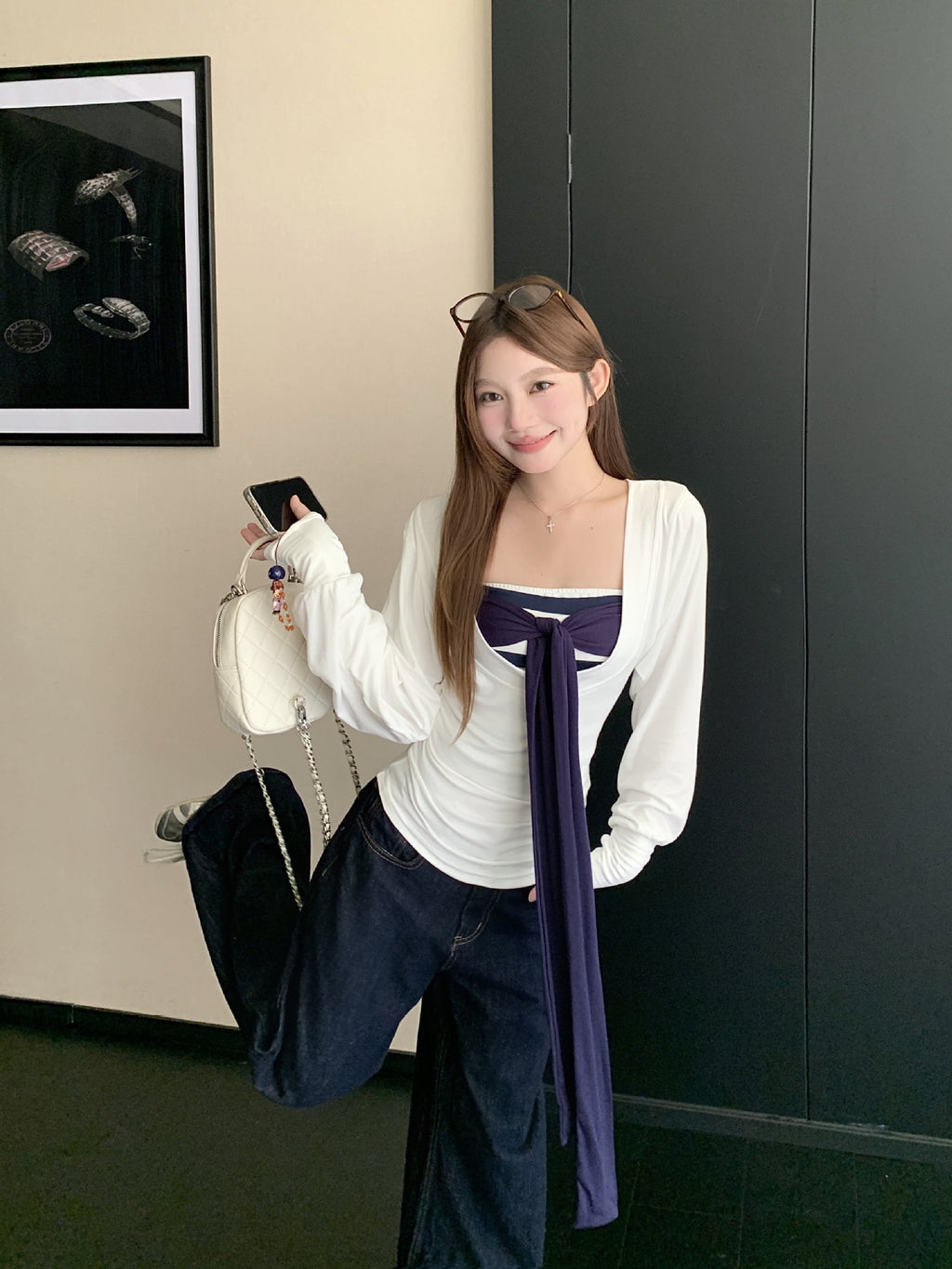 Pure Desire Large U-Neck Waist-Cinching Long-Sleeve T-Shirt for Women, Autumn Striped Tie Bandage Tube Top Layered Two-Piece Set, Korean Style, Elegant