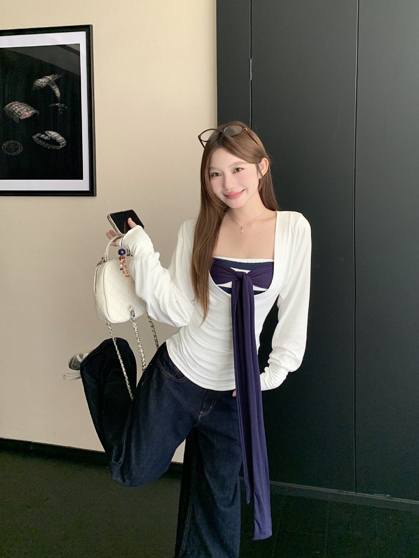 Pure Desire Large U-Neck Waist-Cinching Long-Sleeve T-Shirt for Women, Autumn Striped Tie Bandage Tube Top Layered Two-Piece Set, Korean Style, Elegant