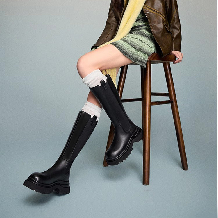 Black Knee-High Thick-Soled Knight Boots Sleeve Chelsea Boots for Women 2025 Autumn and Winter New High Fashion Boots