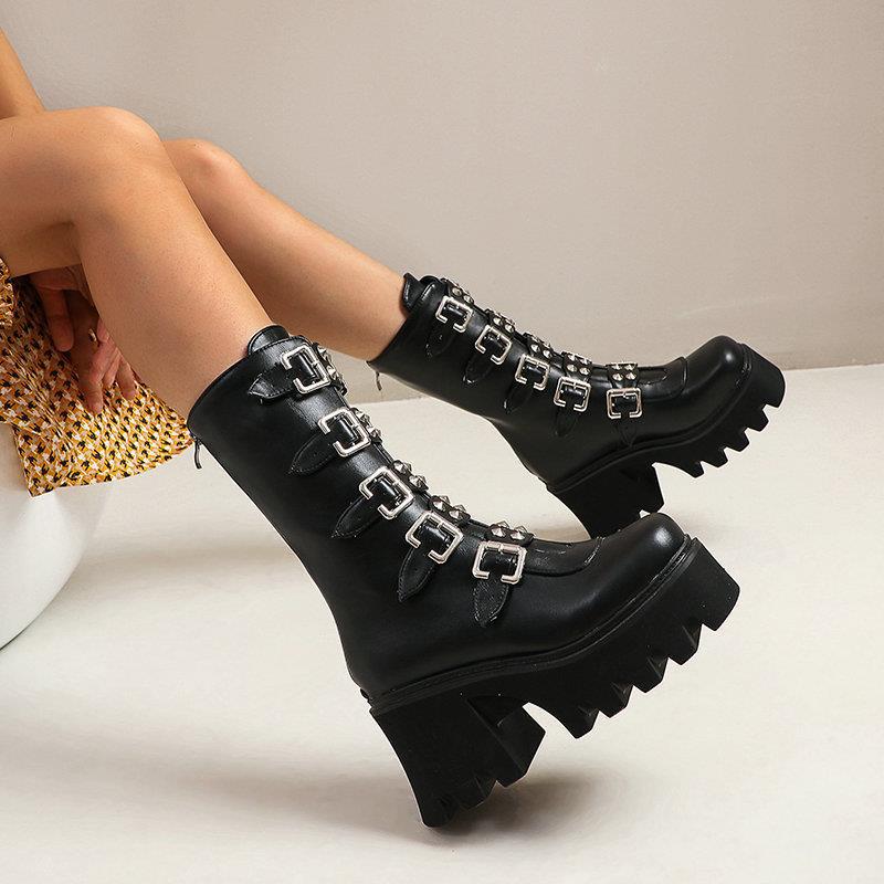 Martin Boots Women's High-heeled Motorcycle Boots Foreign Trade Autumn and Winter New Arrival Boots Thick-soled Short Boots Women's Punk Style Mid-heeled Boots